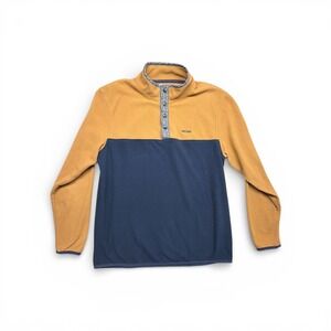 Ascend Mens Fleece Pullover Snap Neck Aztec Colorblock Mustard Navy Blue Large